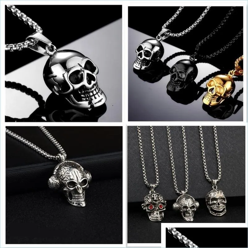 punk stainless steel skull chain pendant necklace vintage gold silvery black color hip hop statement necklaces for men women skeleton