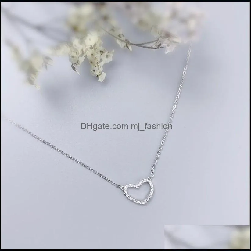 hollow love heart pendant necklaces 925 sterling silver micro inlaid clavicle sweet jewelry charm choker necklace for valentine`s day