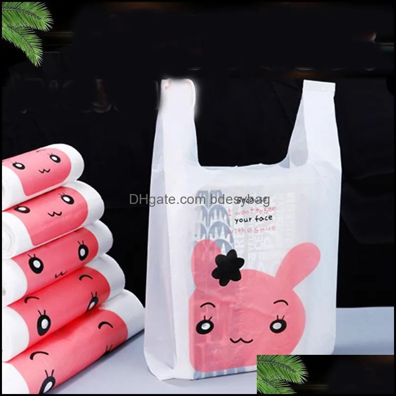 50 Pcs Cute Tote Plastic Shopping Handles Convenience Storeb Cartoon with Gift Bag Bundle Retail Bags 210326