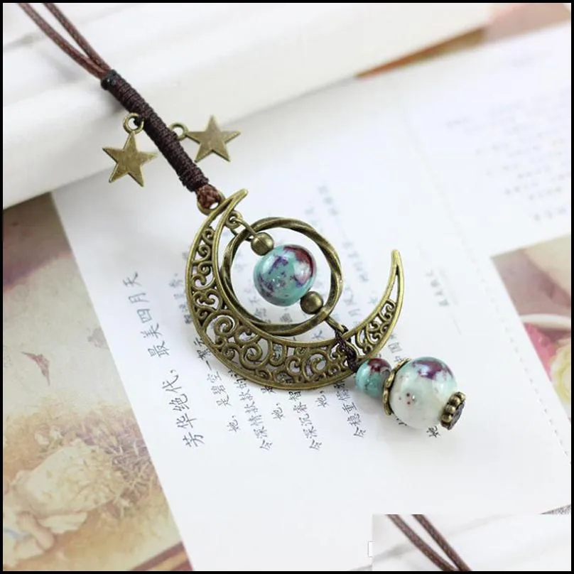 vintage moon ceramic beads necklace double star boho women statement jewelry adjustable rope chain long sweater necklaces cn01