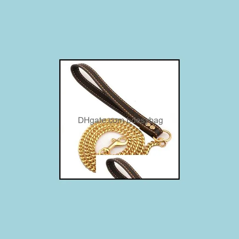 Dog Collars & Leashes 10MM Gold Chain Pet Supplies Leather Handle Portable Puppy Cat Leash Rope Straps For Medium Large Dogs1