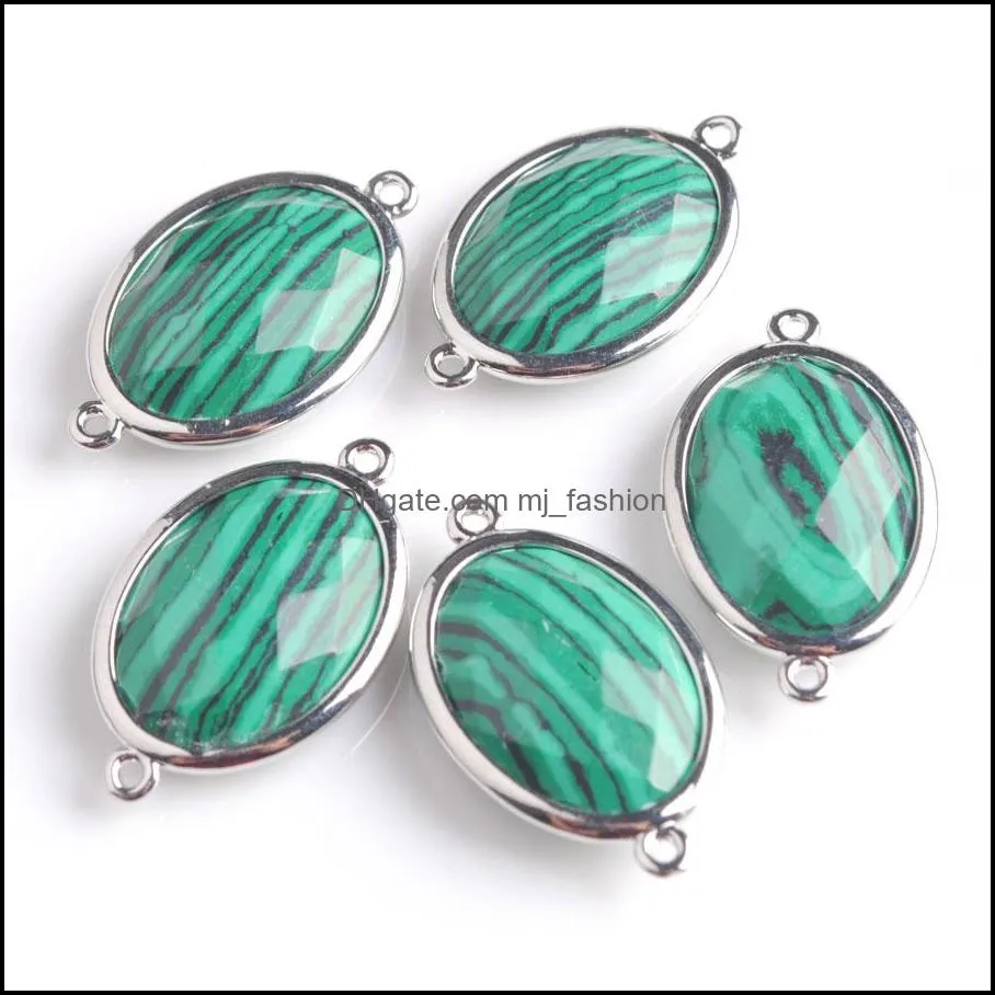 silver-color double hole egg-shaped faceted natural stone gem beads for diy earring connector handcrafted jewelry bz902