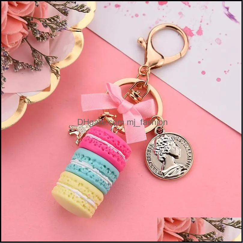 creative macaron cake keychain for women bow paris tower key ring charm car bag keychain sweet party gift jewelry