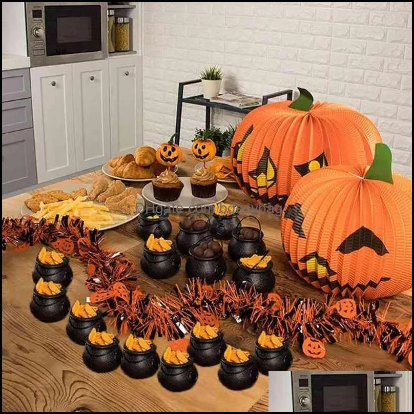 20 pcs Mini Candy Kettles Witch Skeleton Cauldron Holder Pot for Halloween 210325
