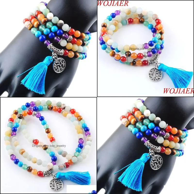 108 meditation multi-layer long strands bracelets 7 chakra yoga natural round amazon mala beads life tree tassel jewelry k3207