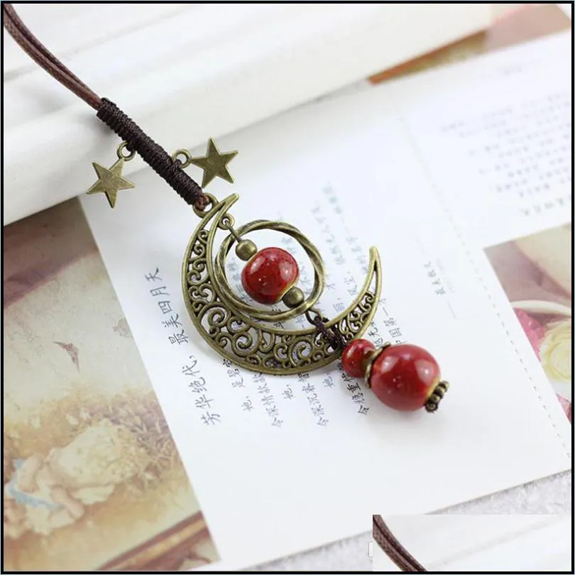 vintage moon ceramic beads necklace double star boho women statement jewelry adjustable rope chain long sweater necklaces cn01