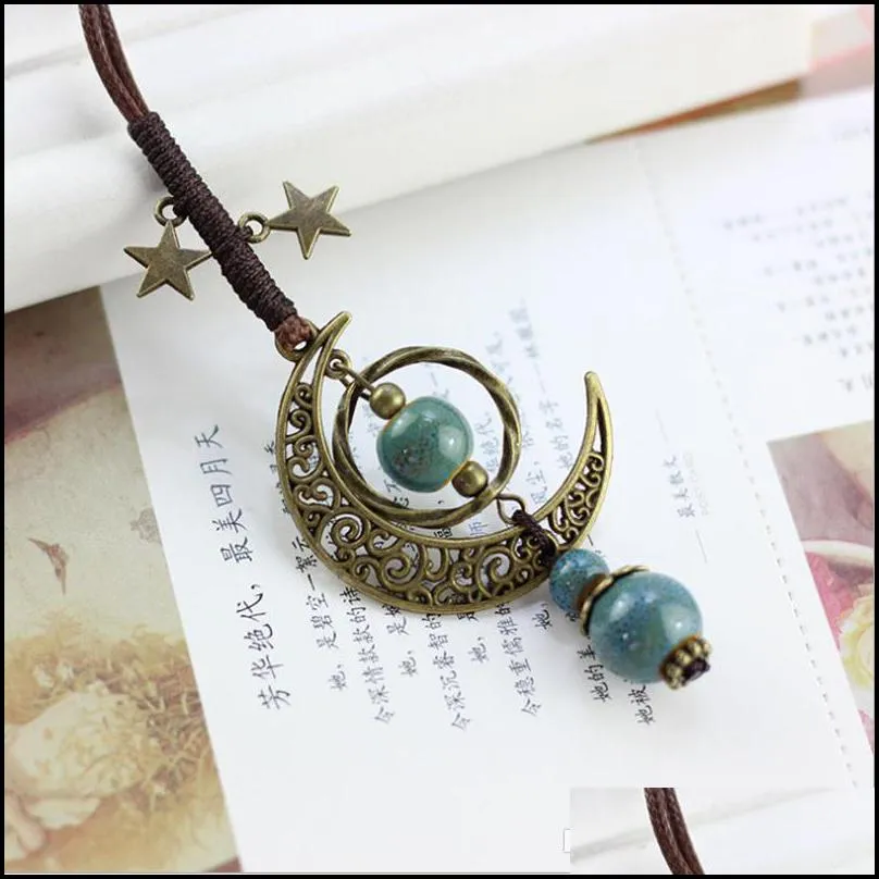 vintage moon ceramic beads necklace double star boho women statement jewelry adjustable rope chain long sweater necklaces cn01