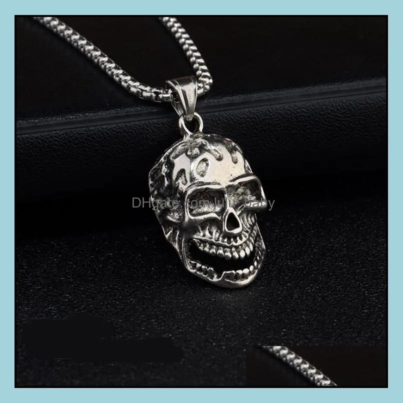 punk stainless steel skull chain pendant necklace vintage gold silvery black color hip hop statement necklaces for men women skeleton