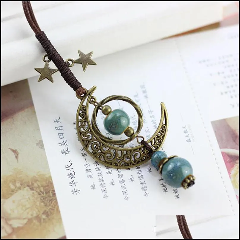 vintage moon ceramic beads necklace double star boho women statement jewelry adjustable rope chain long sweater necklaces cn01