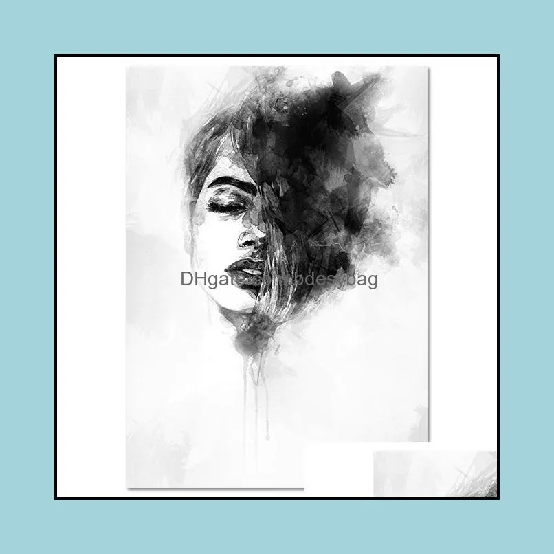 Watercolor Girl Canvas Print Painting Nordic Poster Fashion Wall Art Black And White Picture For Living Room Abstract Minimalist1
