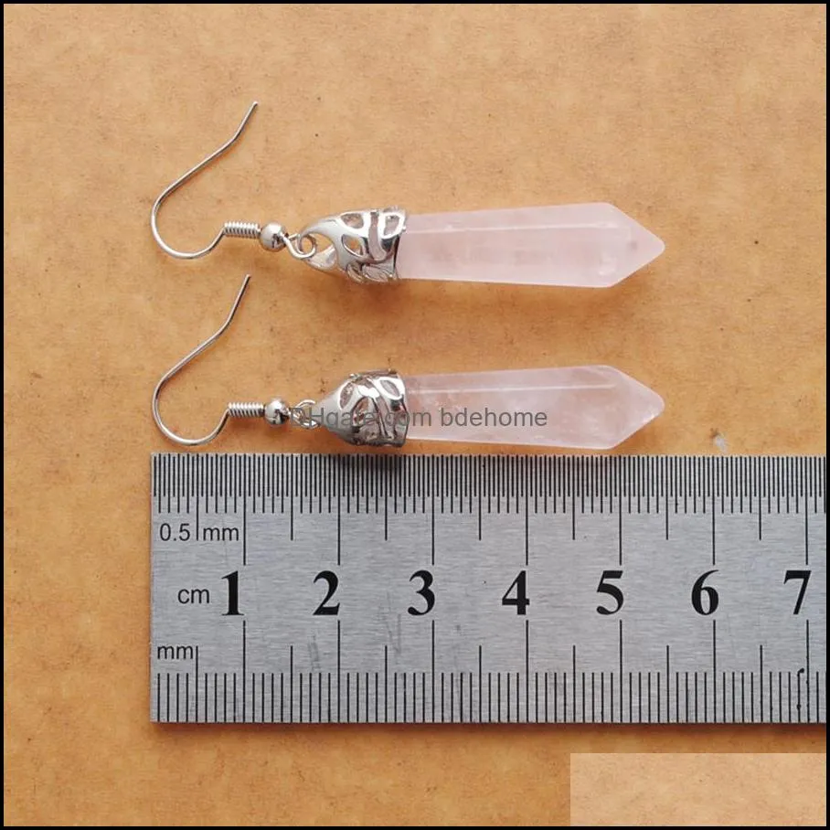 natural pink rose quartz gem stone dangle earrings hexagonal pointed reiki chakra beads for women jewelry r3068