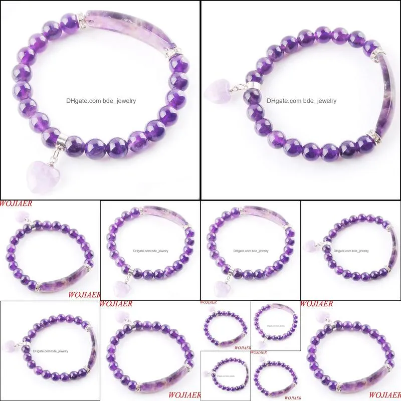 natural stone beads amethyst strand bracelets & bangles heart shape charm fitting women jewelry love gifts k3340