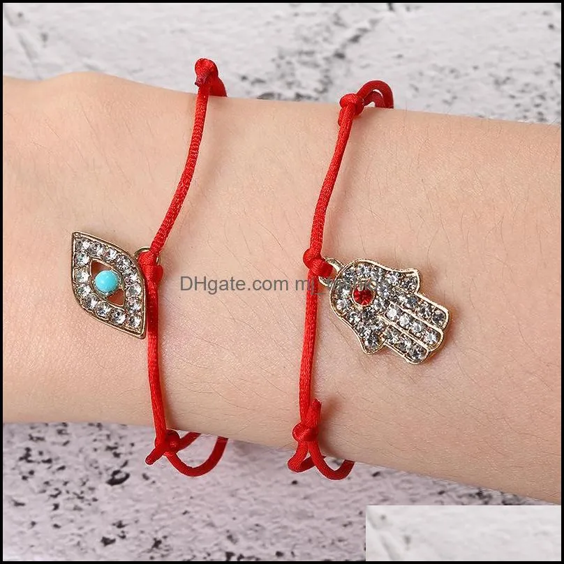 rhinestone demon eye palm charm bracelets adjustable braided string bangle jewelry lucky gift for women men with card
