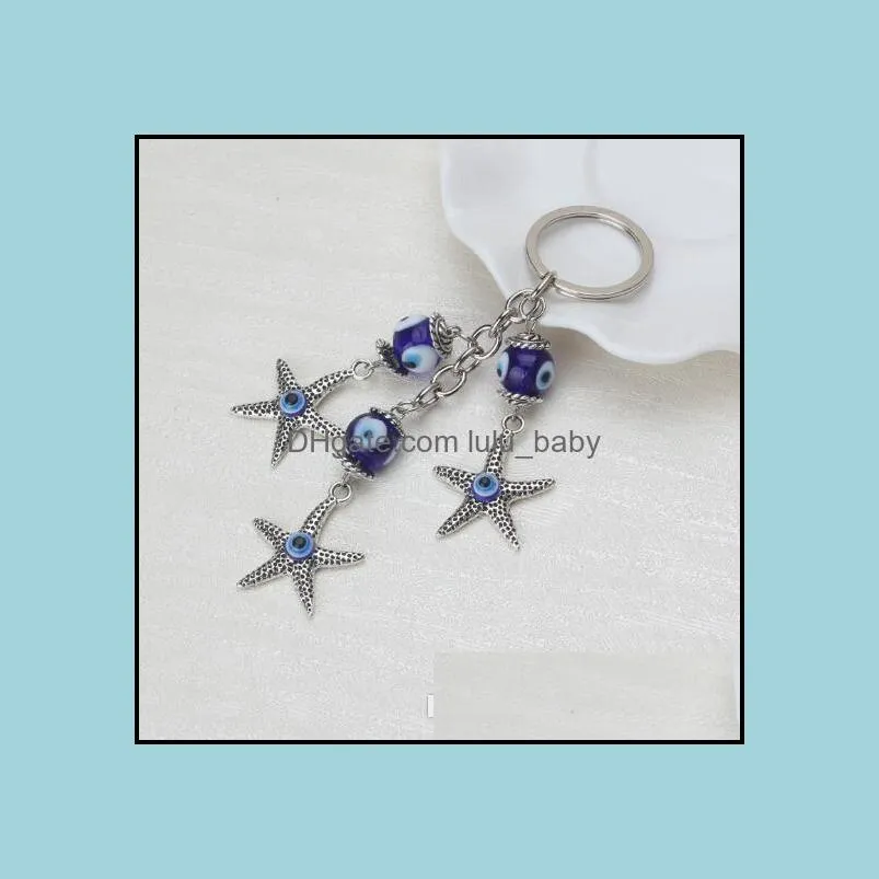 vintage silver starfish charm key chain for women men turkey evil eyes keychain rings ocean keychains