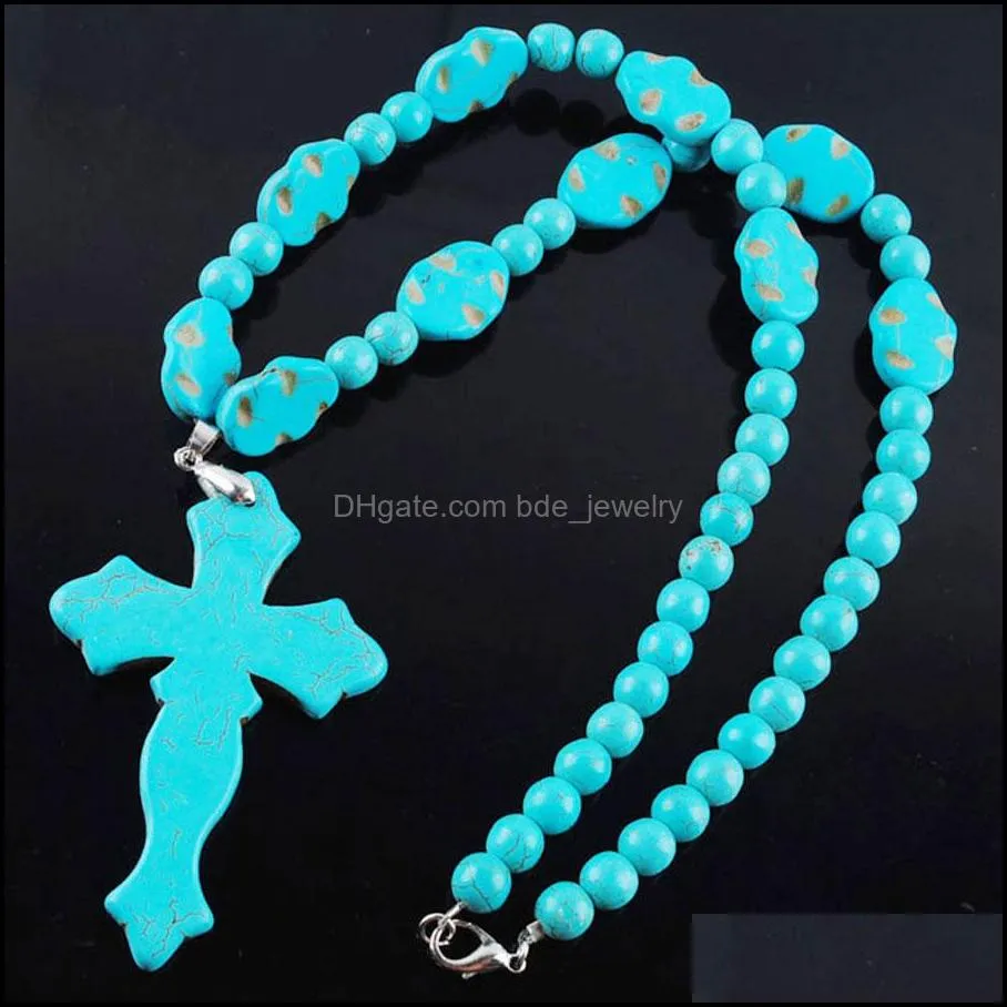 vintage blue turquoise cross beads dangle pendant necklace strand 21 inches men women boho charm jewelry f3109