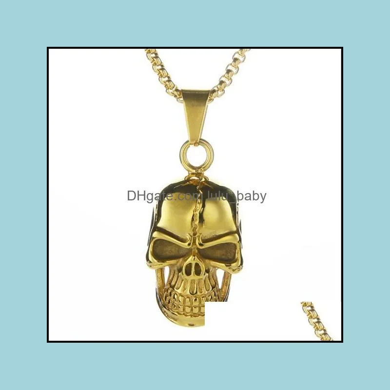 punk stainless steel skull chain pendant necklace vintage gold silvery black color hip hop statement necklaces for men women skeleton