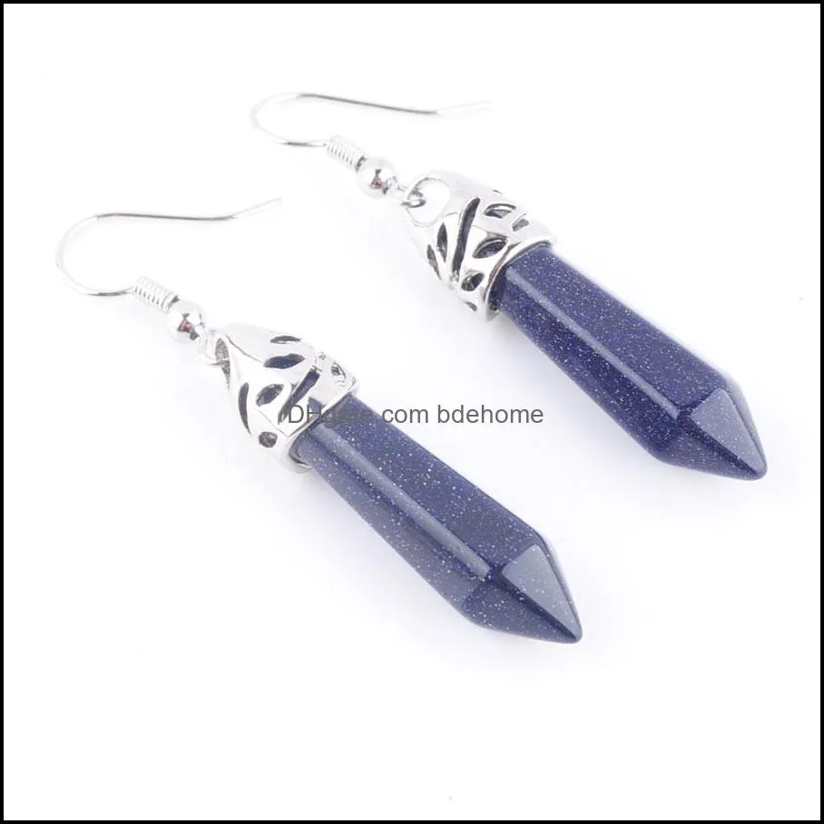 natural blue sand gem stone dangle earrings hexagonal pointed reiki chakra beads for women jewelry r3059