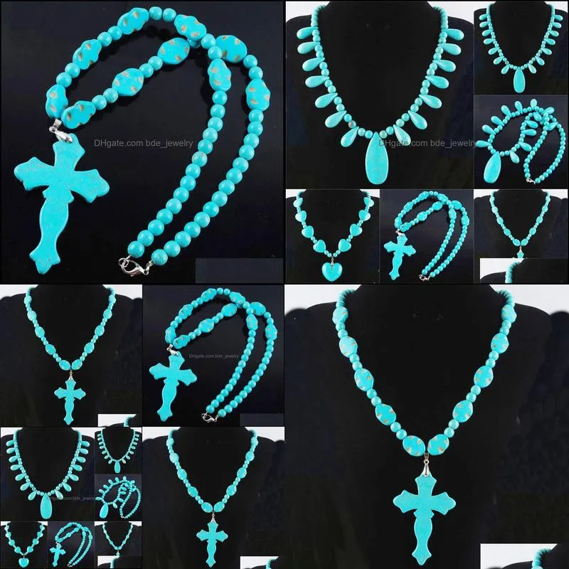 vintage blue turquoise cross beads dangle pendant necklace strand 21 inches men women boho charm jewelry f3109