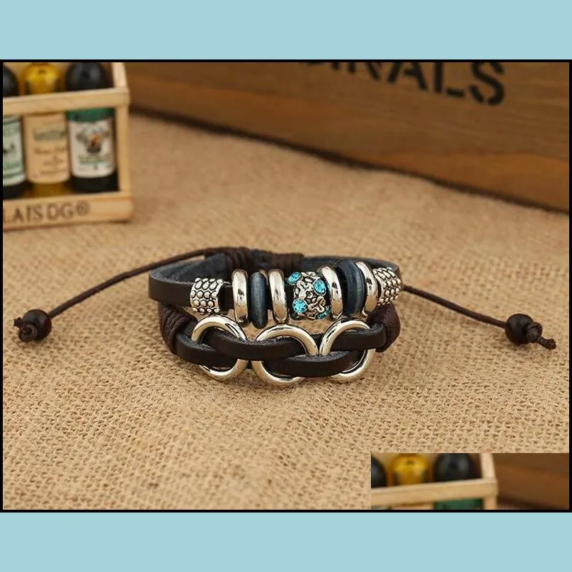 fashion charms bracelets infinity multilayer handmade blue rhinestone alloy circle leather bracelets for men jewelry wholesale