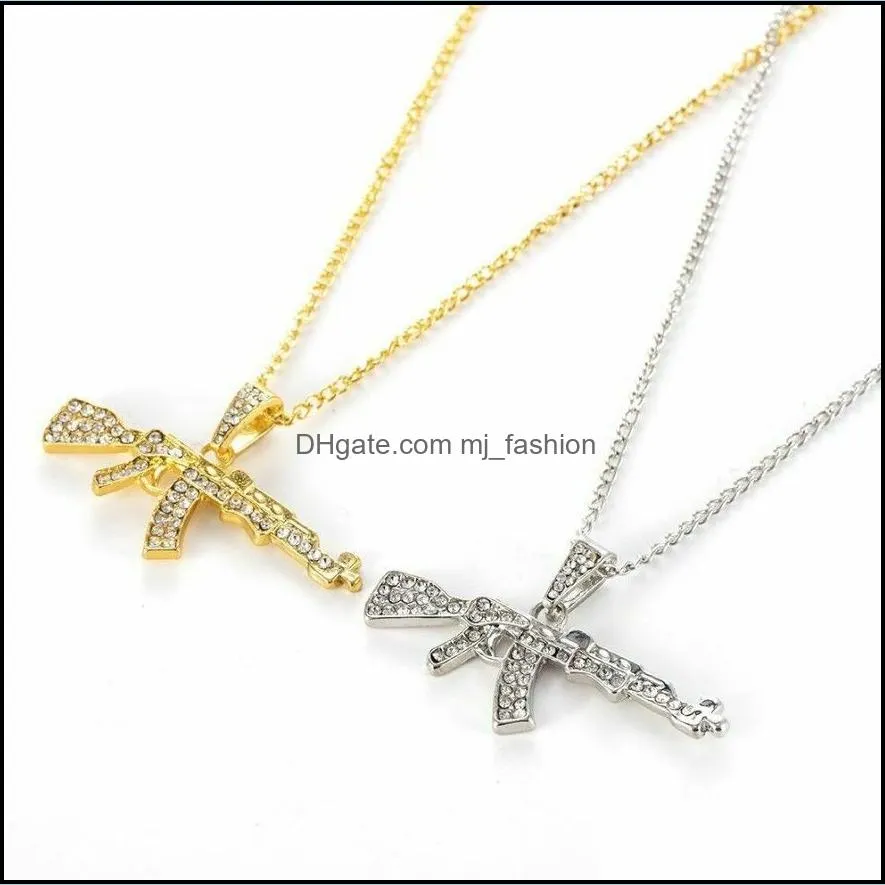 fashion hip hop submachine gun pendant necklace crystal ak 47 rhinestone bling chain necklace ladies men rapper jewelry