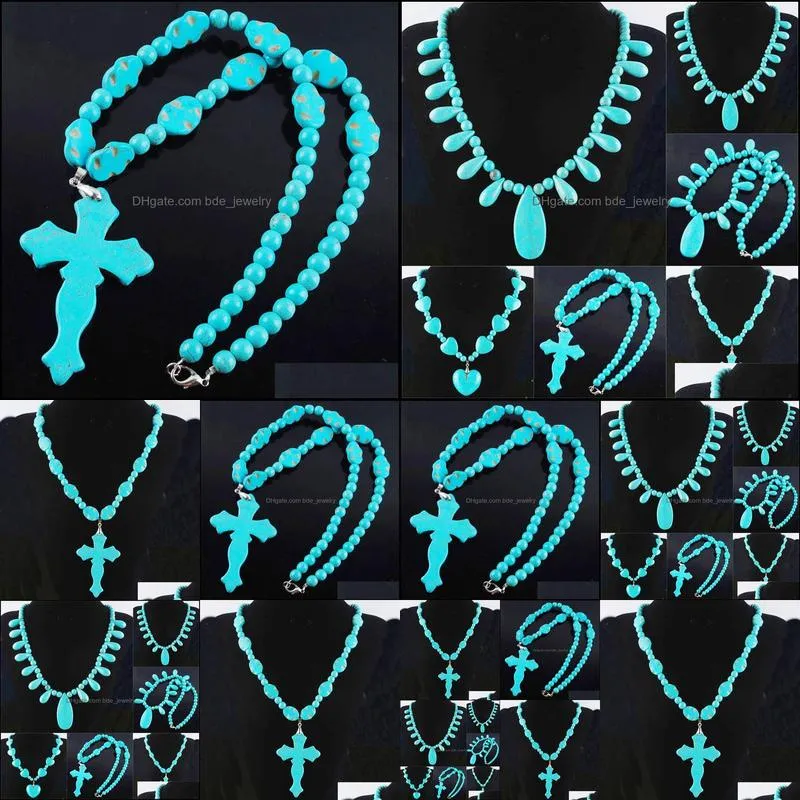 vintage blue turquoise cross beads dangle pendant necklace strand 21 inches men women boho charm jewelry f3109