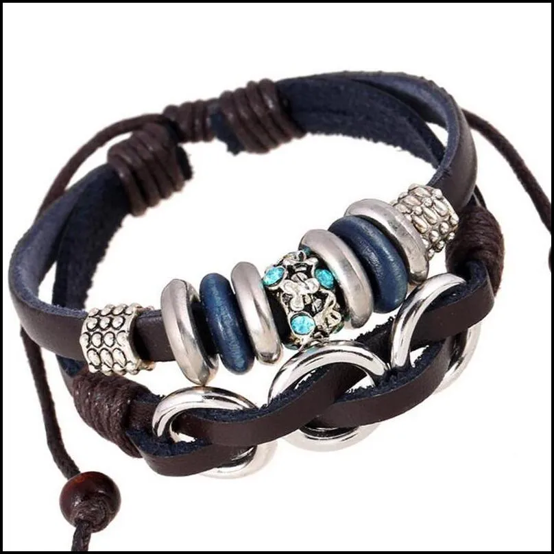 fashion charms bracelets infinity multilayer handmade blue rhinestone alloy circle leather bracelets for men jewelry wholesale