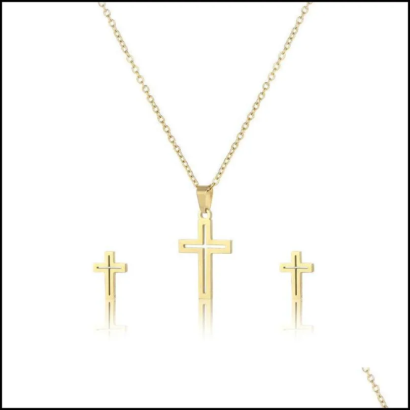 pendant necklaces european and american stainless steel cross necklace earrings set for womenpendant