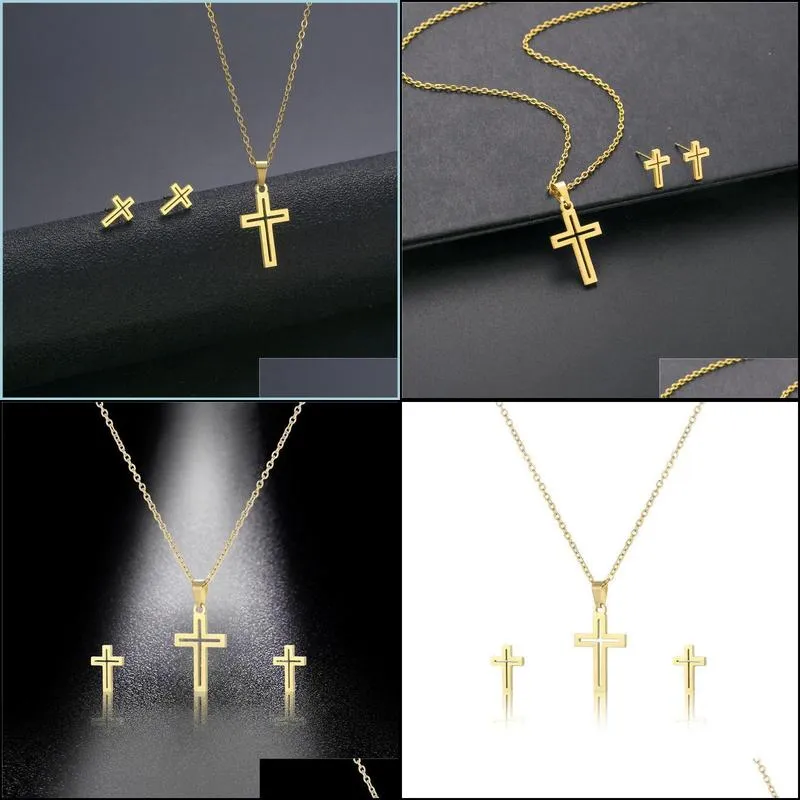 pendant necklaces european and american stainless steel cross necklace earrings set for womenpendant