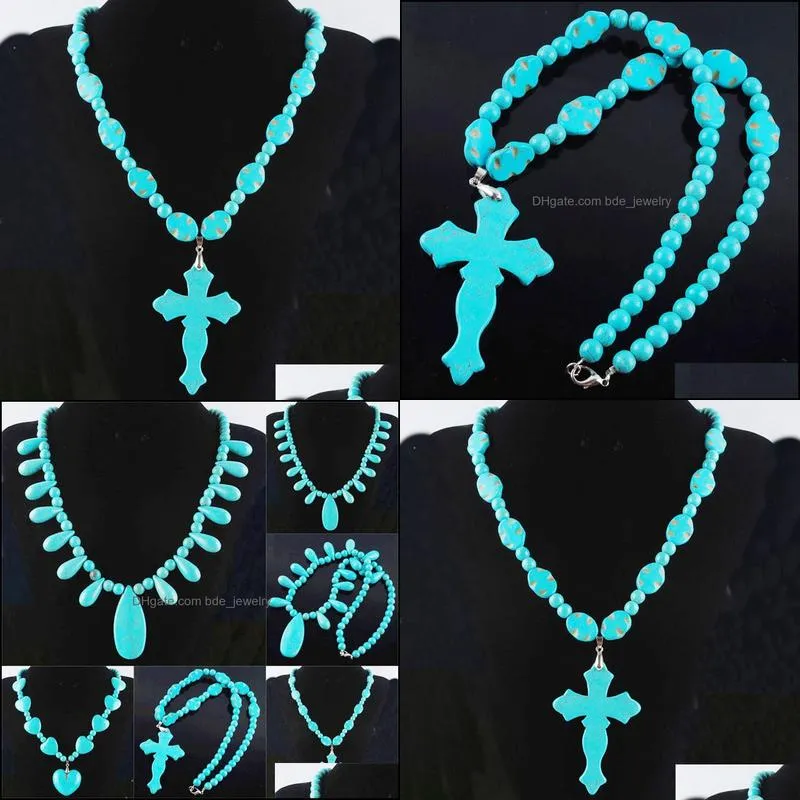 vintage blue turquoise cross beads dangle pendant necklace strand 21 inches men women boho charm jewelry f3109