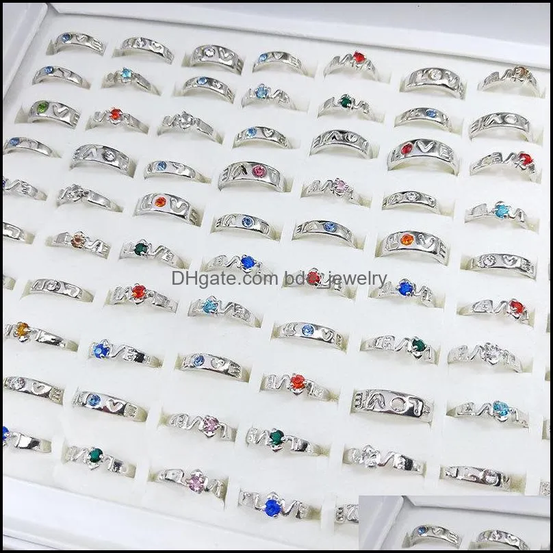 50ocs/lot fashion simple band silver plated metal colorful diamond love rings for men women mix style party gifts wedding jewelry