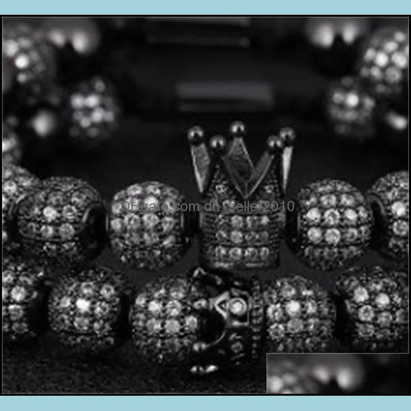 2pcs/set Luxury Crown Charm Men Bracelets 8mm Micro Pave CZ Round Braided Macrame Bracelet Pulseira Feminina Handmade Jewelry Gift 110