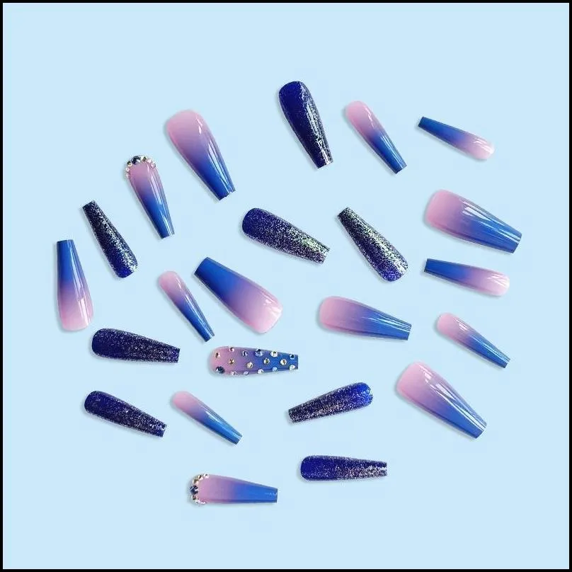 false nails jp2996-b3 blue ombre set press on faux ongles xl length coffinfalse