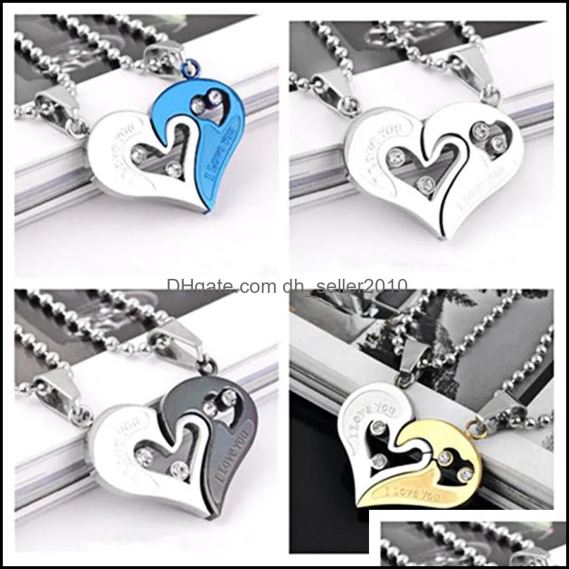 Lovers Necklace Pair Of Heart Shaped Valentines Day Inlay Rhinestone Iron Men Women Gifts Pendants Bead Chain Ornaments 1 7cz M2