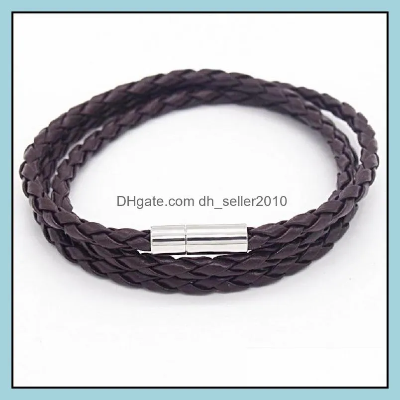 Mens Leather Bangle Bracelets Black/Brown Mesh Magnetic Stainless Steel Clasp Double Wrap Wristband Titanium Bracelet for Men 339 N2
