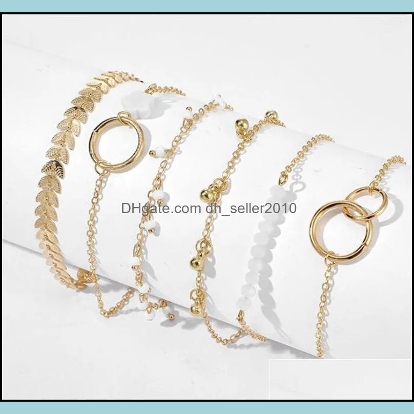 Circle Flowers Leaf Charm Bracelet Jewelry Women Fashion Plated Gold Chain 6 Piece Set Personality New Pattern 4 6yg J2