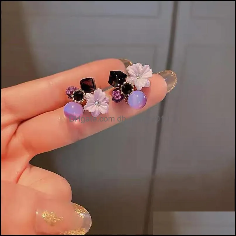Purple Crystal Flower Stud Earrings For Woman Korean Fashion Jewelry Wedding Party Girls Elegance Set Accessories 199 D3
