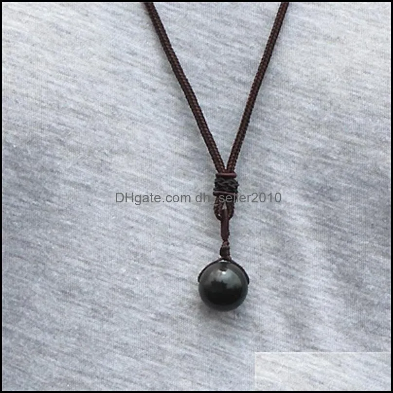 12MM Natural Stone Black Obsidian Rainbow Eye Beads Ball Pendant Transfer Lucky Love Crystal Jewelry With Free Rope For Women Men