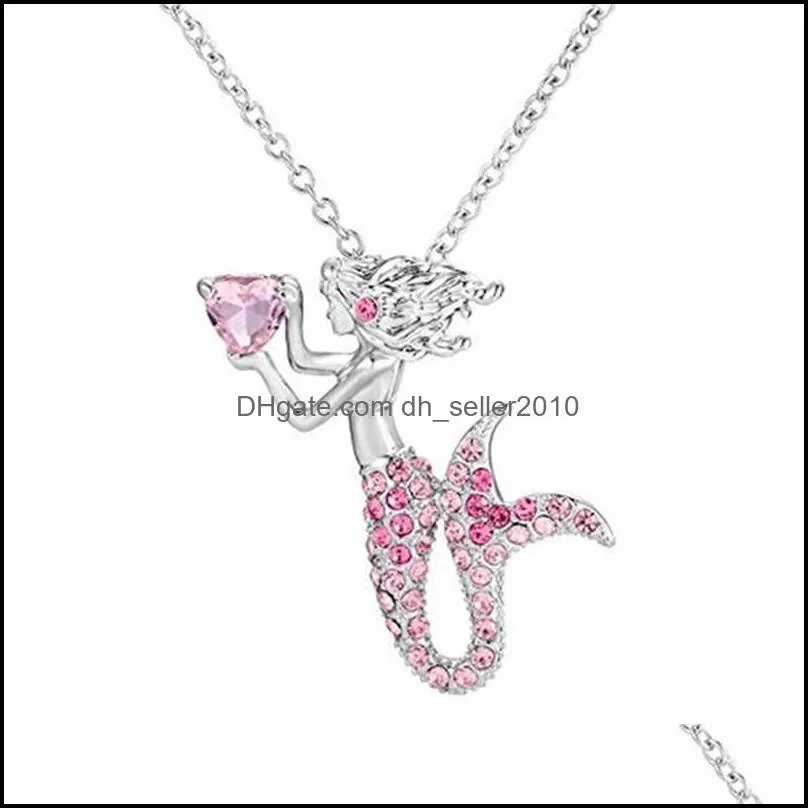 Mermaid Pendants Necklace Alloy Silver Plating Clavicular Chain Charms Women Rhinestone Necklaces Fashion Jewelry White Blue