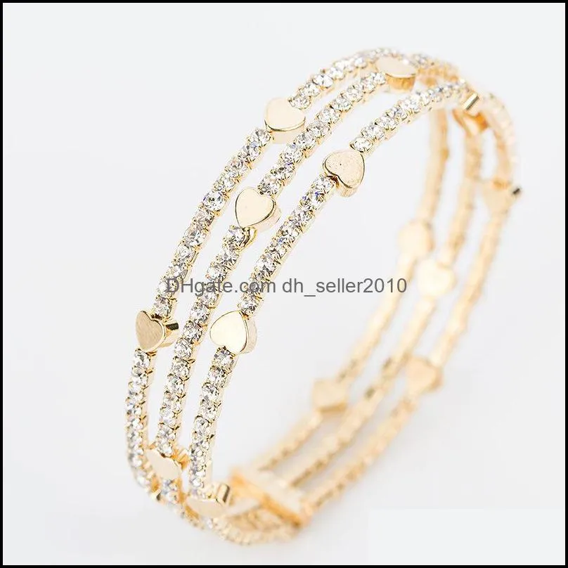 Bangle Rhinestone Bracelet Woman Full Diamond Love Heart Handmade Three Rows Cuff Bracelets Plated Gold Bangle 8 9yf G2B