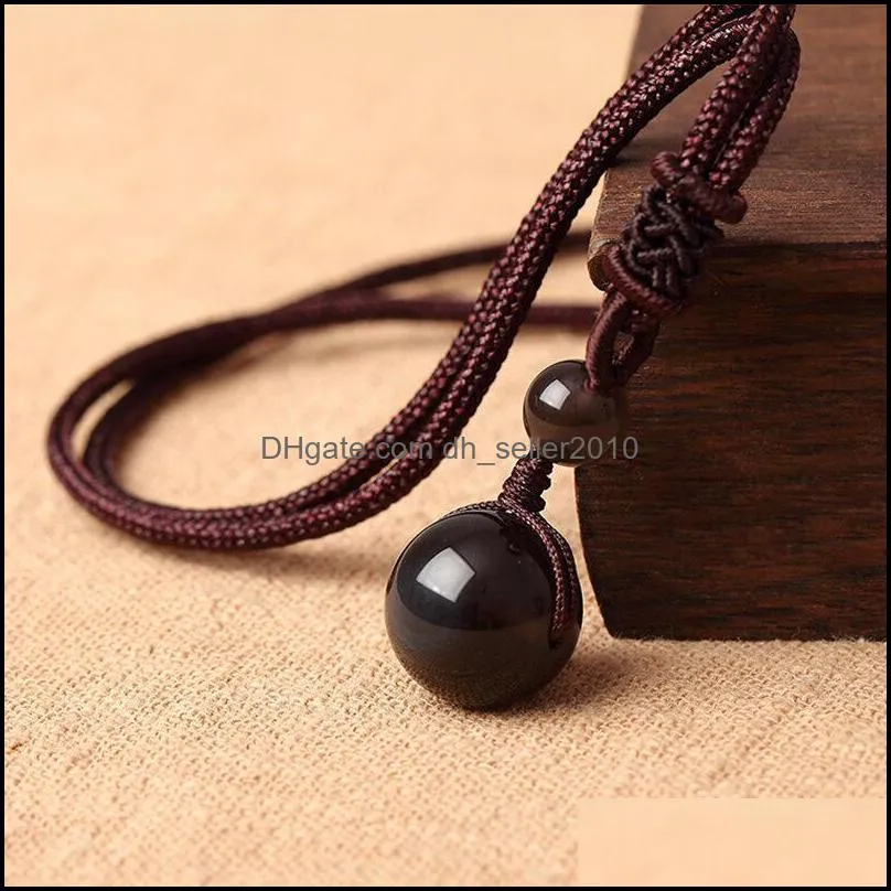 12MM Natural Stone Black Obsidian Rainbow Eye Beads Ball Pendant Transfer Lucky Love Crystal Jewelry With Free Rope For Women Men
