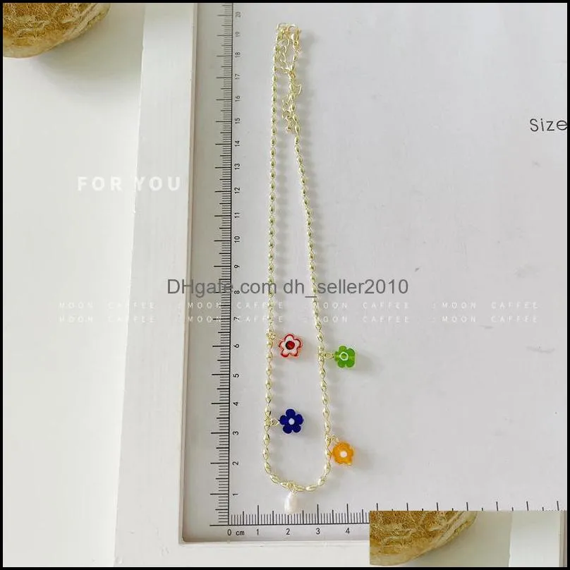 Choker Fashion Candy Color Glazed Flower Pendant Gold Beaded Metal Necklace For Women Girls Jewelry Accessories 3392 Q2