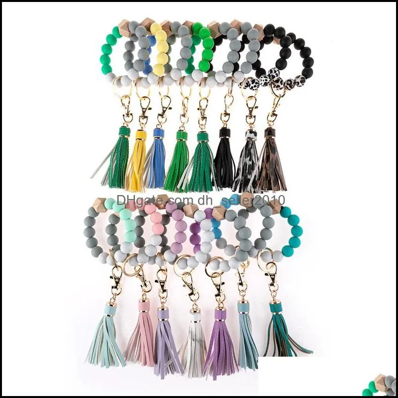 Silicone Beaded Strands Bracelets Wood Beads Tassels KeyChain Women Men Key Rings Bangles Colorful 12 4jy Q2