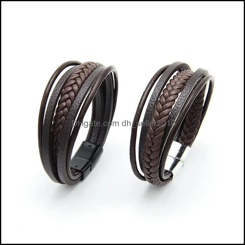 Hand-woven Multi-layer Men`s Leathers Bracelets Ethnic Style Retro Alloy Magnetic Buckle Leather Bracelet