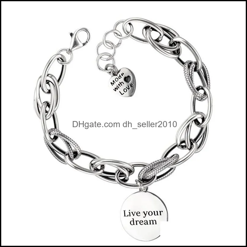 Fashion Love Heart Pendant Bracelet Retro Round Charm Bracelets Thick Chain Live Your Dream Letter Bracelet Bangle Women Jewelry 144