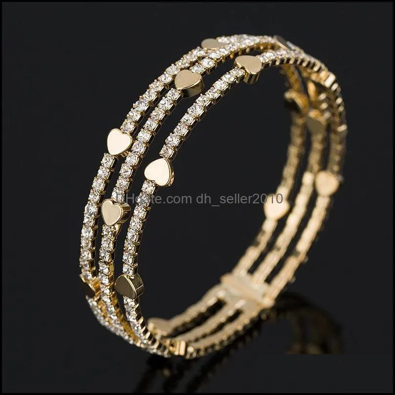 Bangle Rhinestone Bracelet Woman Full Diamond Love Heart Handmade Three Rows Cuff Bracelets Plated Gold Bangle 8 9yf G2B