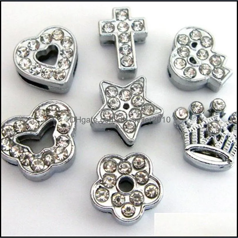 100pcs/lot clear full rhinestone zinc slider Charms DIY Accessories Pet Collar wristband keychain Heart Crown Cross Flower Star 2446