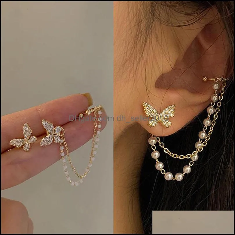 Korean Elegant Cute Rhinestone Butterfly Stud Earrings For Women Girls Fashion Metal Chain Jewelry Gifts 119 D3