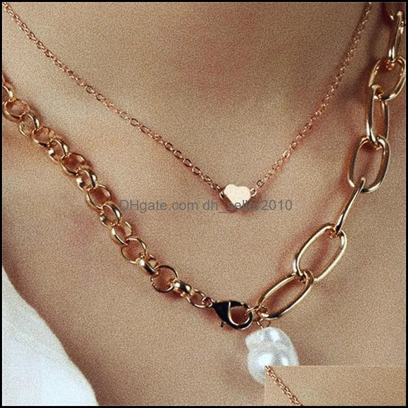 Chokers Simple Thick Chains Multilayer Alloy Necklaces Fashion Heart Pearl Women Necklace TRENDY Accessories Jewelry 3497 Q2