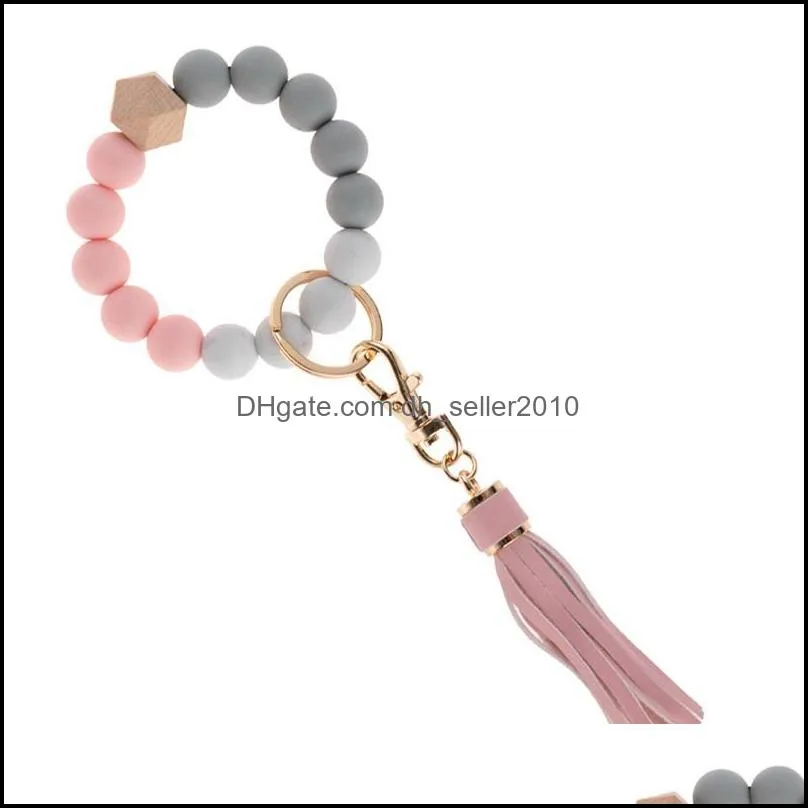 Silicone Beaded Strands Bracelets Wood Beads Tassels KeyChain Women Men Key Rings Bangles Colorful 12 4jy Q2