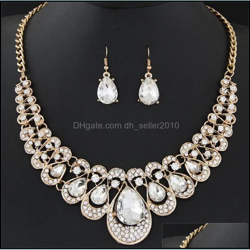 Water Drop Necklace Earrings Sets Crystal Diamond Necklace Chandelier for Women Lady Fashion Wedding Accessories Jewelry Set Gift 2457